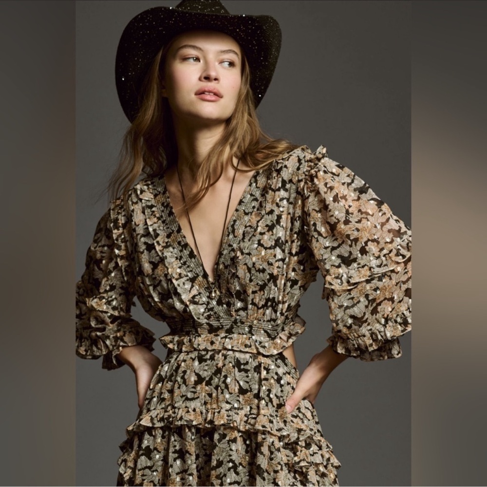 Anthropologie V Neck Ruffle Mini Dress Neutral Motif
Size Small - Picture 3 of 16